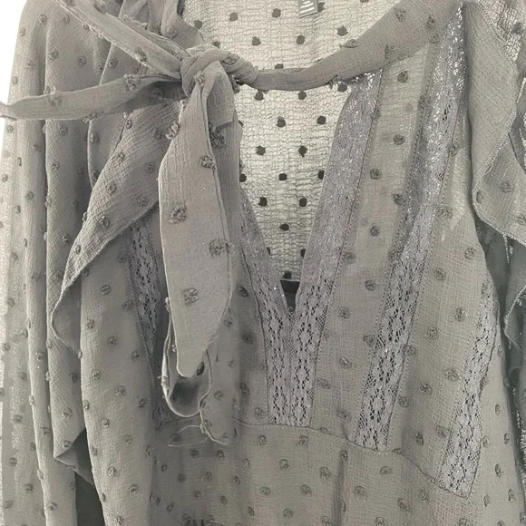 Aqua NWT Ruffle Clip Dot Mini Dress Pussy Bow Bishop Sleeves V Neck Black New - Picture 4 of 13